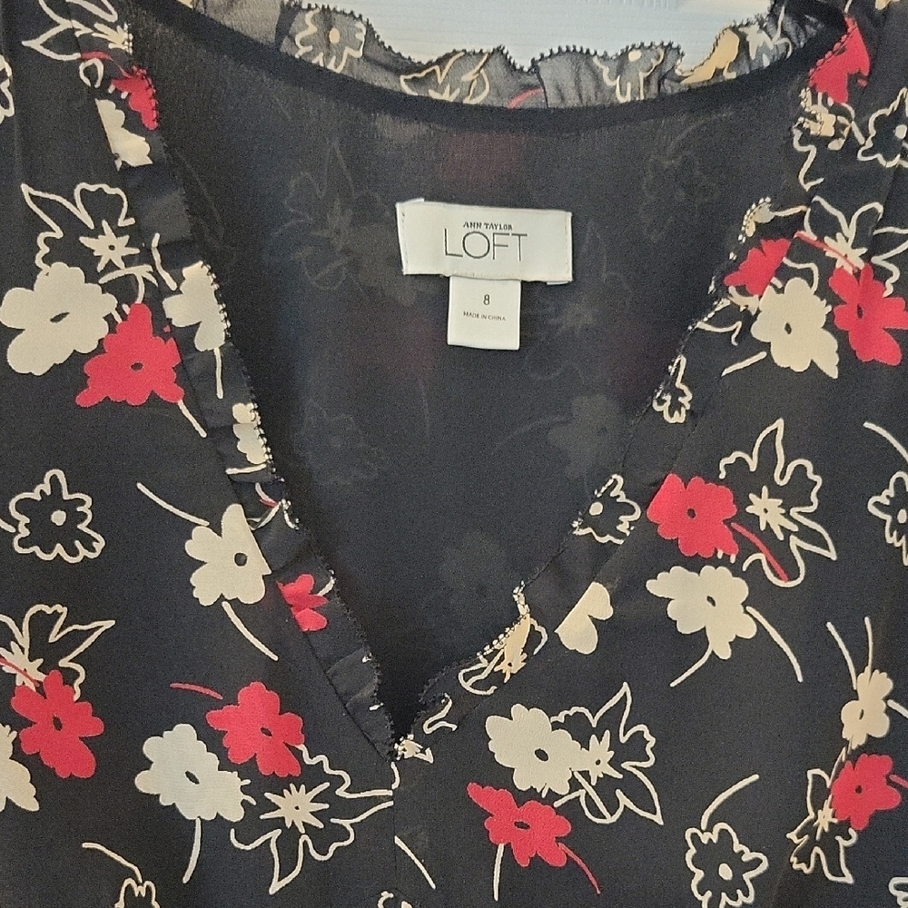 LOFT Black Midi Dress with Red and Cream Floral Design - Picture 3 of 9